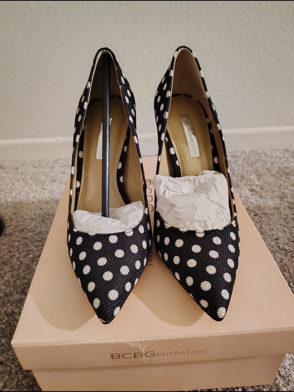 BCBGeneration Black and White Polka Dot Pointed Toe Pumps - Chic Retro Style